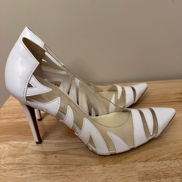 Jessica Simpson White Cut Out Heels with Clear Accents - Picture 3 of 6